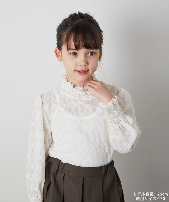 フラワーレースシャーリングカラープルオーバー