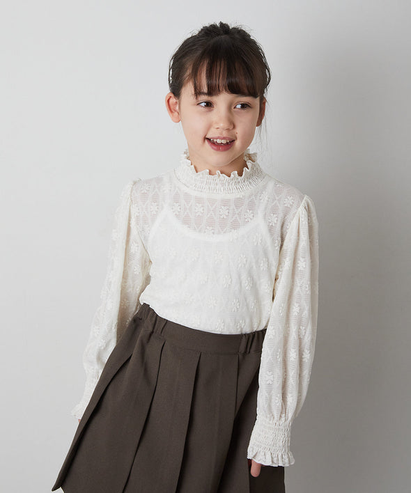 フラワーレースシャーリングカラープルオーバー