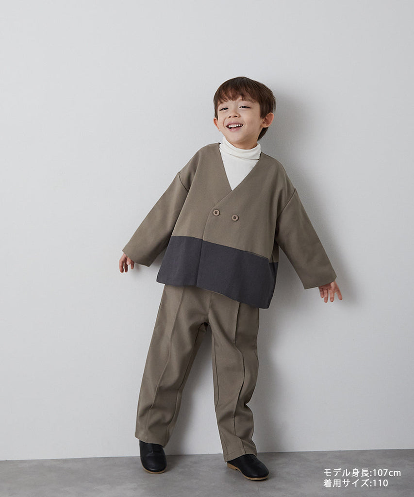 バイカラーノーカラージャケットセットアップ（裏地ストライプ