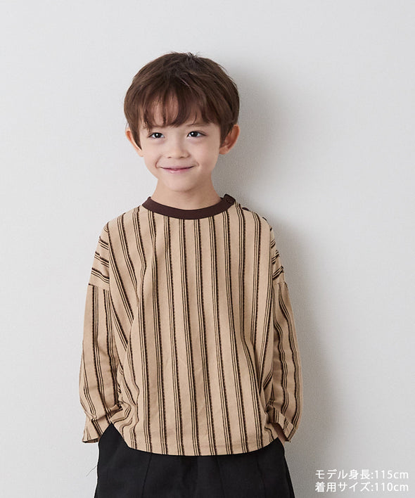【リンクコーデ】ボタンデザインストライプロングスリーブTシャツ