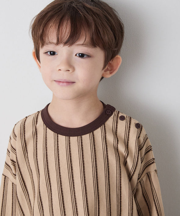 【リンクコーデ】ボタンデザインストライプロングスリーブTシャツ