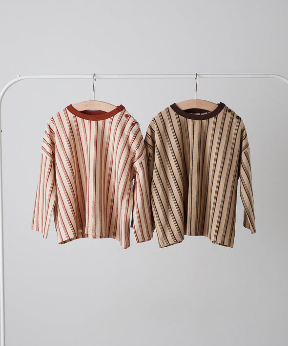 【リンクコーデ】ボタンデザインストライプロングスリーブTシャツ