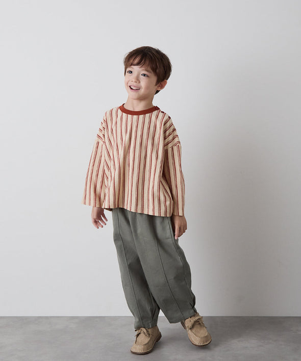 【リンクコーデ】ボタンデザインストライプロングスリーブTシャツ