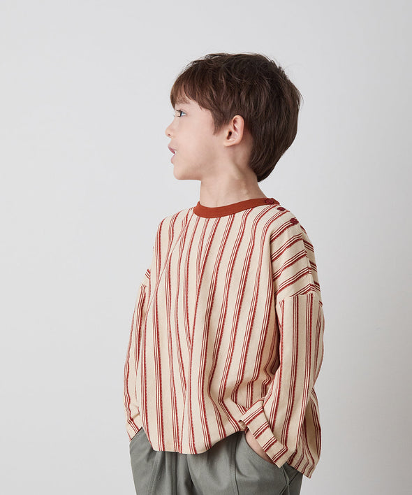 【リンクコーデ】ボタンデザインストライプロングスリーブTシャツ