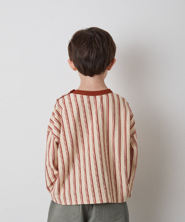 【リンクコーデ】ボタンデザインストライプロングスリーブTシャツ